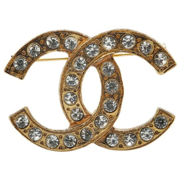 CHANEL CC Logo Rhinestone Brooch Gold Tone Pin Auth w/Box #4218 - Picture 2 of 5
